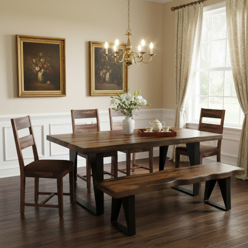 Six Piece Dark Brown and Black Solid Wood Dining Set with Four Chairs