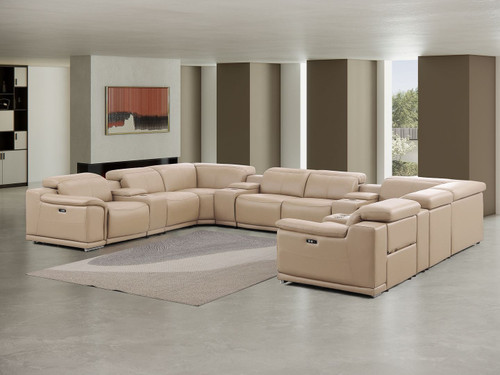 Beige Leather Power Reclining U Shaped Twelve Piece Corner Sectional With Console