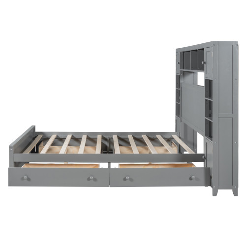 Gray Wood Queen Bed Frame With USB And Drawer