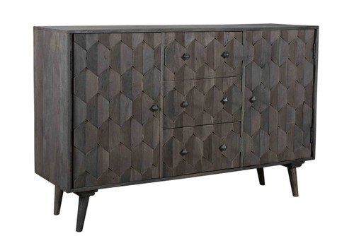55" Dark Gray Distressed Solid Wood Carved Geometric Three Drawer Sideboard with Two Doors