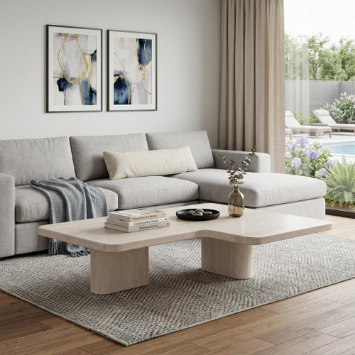 47" Beige Genuine Marble and Marble Free Form Double Pedestal Coffee Table