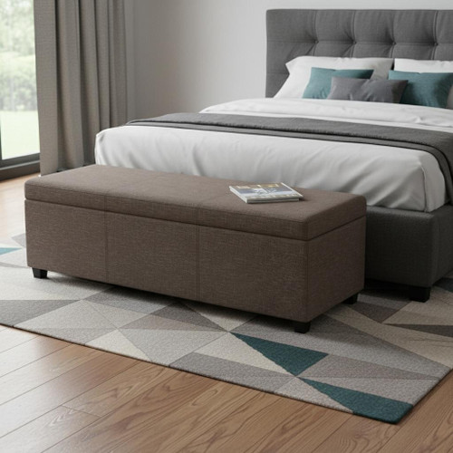 54" Fawn and Dark Brown Faux Linen and Solid Wood Upholstered Storage Bench With Flip Top