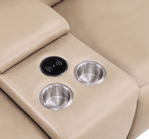 175" Beige Top Grain Leather Reclining USB Sofa And Storage