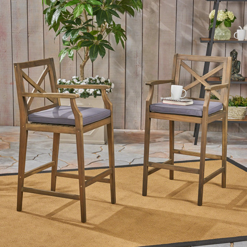 Set of Two 30" Gray Solid Wood Outdoor Bar Height Chairs