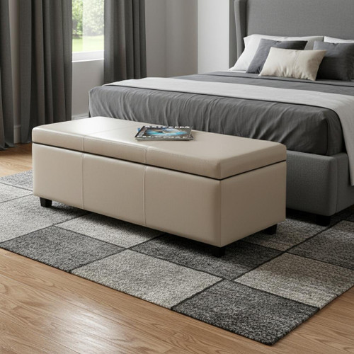48" Cream and Dark Brown Faux Leather and Solid Wood Upholstered Storage Bench With Flip Top