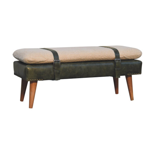 35" Brown Boucle and Solid Wood Upholstered Storage Bench With Cabinet