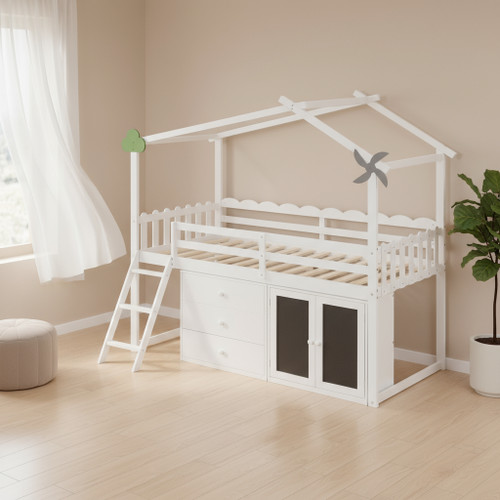 White Slat Wood Twin Loft Bed with Shelves