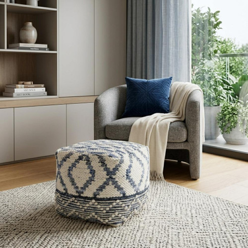 16" Cream and Gray Fabric Geometric Round Pouf Ottoman