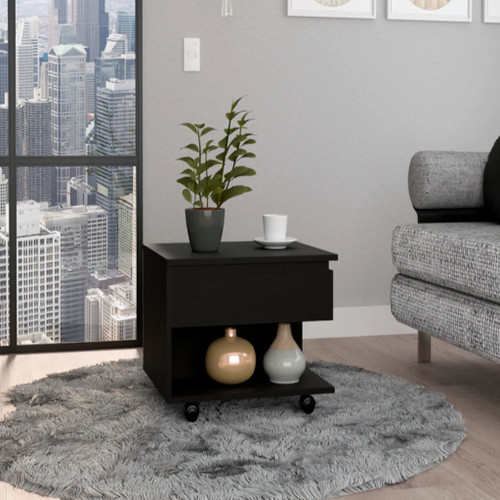 22" Black Wood Lift Top Wheel Coffee Table With Drawer And Shelf