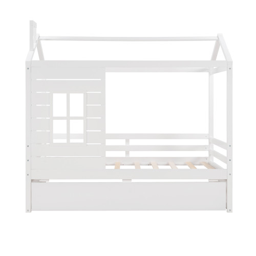 White Wood Twin House Bed With Trundle