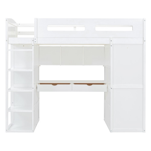 White Four Poster Wood Twin Loft Bed with Desk and Shelves