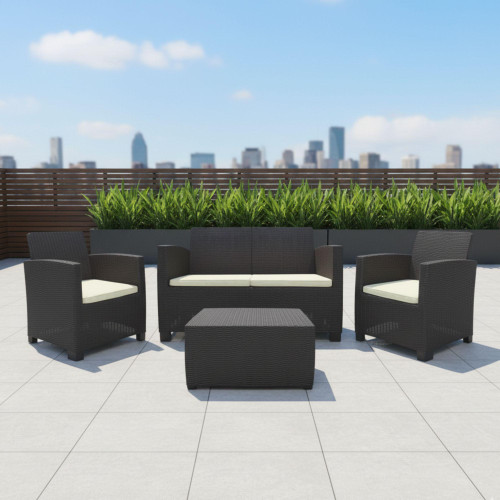 Four Piece Espresso and Beige Plastic Upholstered Cushions Sectional Seating Group With Table