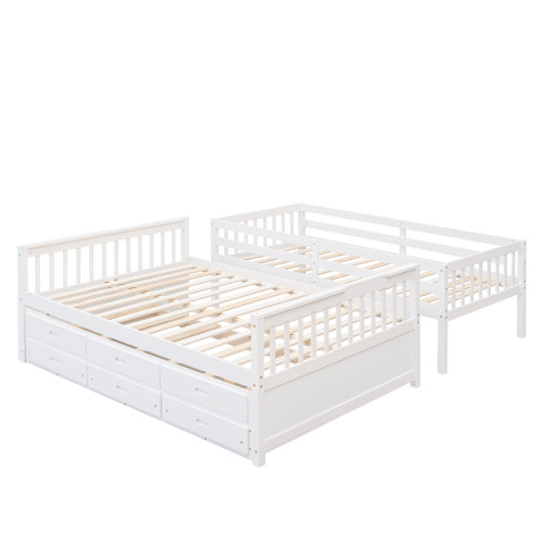White Twin Over Full Solid Wood Bunk Bed With Drawers And Trundle And Storage
