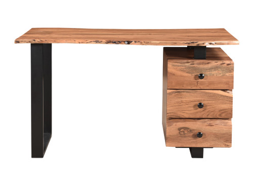 54" Brown and Black Solid Wood and Metal Writing Desk and Bookshelf Set With Three Drawers