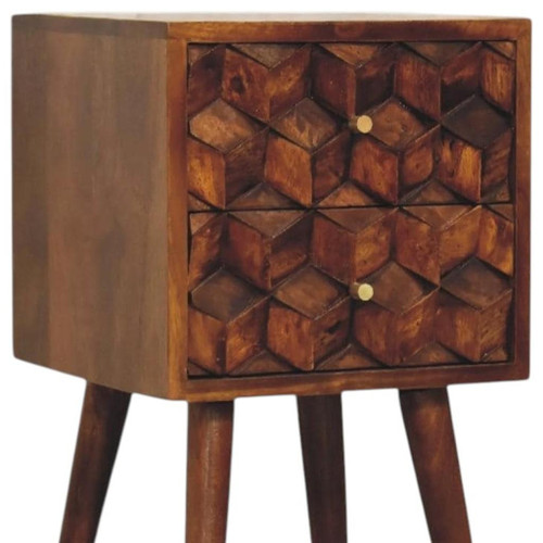 24" Chestnut Solid Wood Carved Geometric Two Drawer Nightstand
