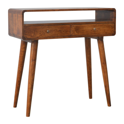 35" Chestnut Solid Wood Console Table With Shelf And Two Drawers