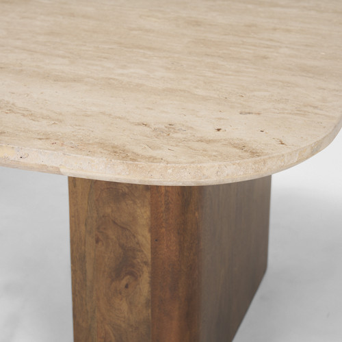 30" Beige and Brown Stone and Solid Wood Sled Coffee Table