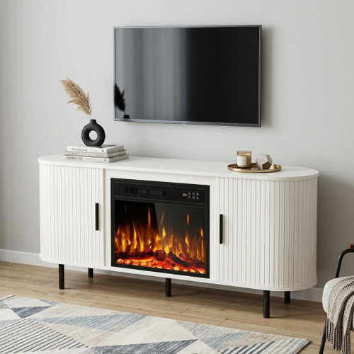 65" White Wood Fireplace TV Stand With Fireplace