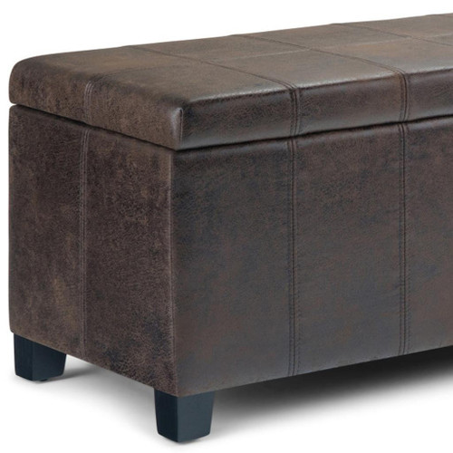 36" Brown Faux Leather and Solid Wood Upholstered Distressed Storage Bench With Flip Top