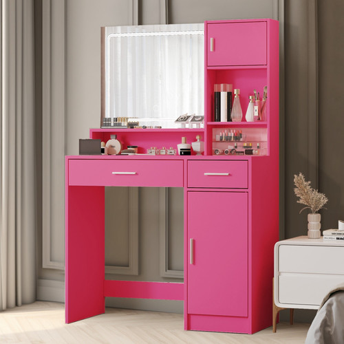 35" Pink Wood Mirrored Two Drawer Vanity Table