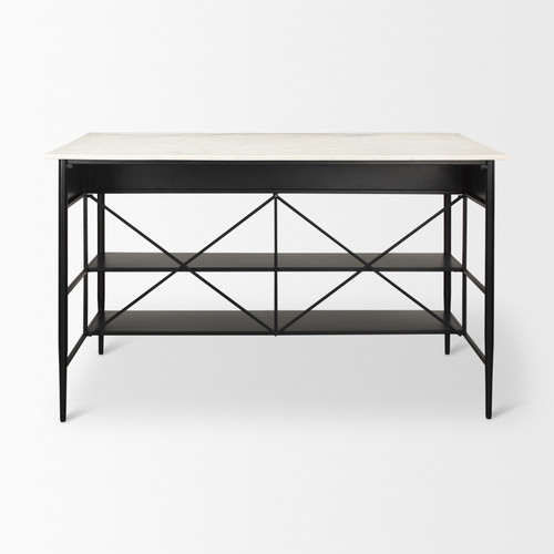 34" White and Black Marble and Metal Kitchen Island With Storage