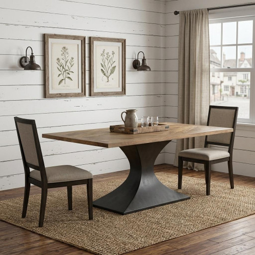 79" Brown and Gray Solid Wood and Iron Pedestal Base Dining Table
