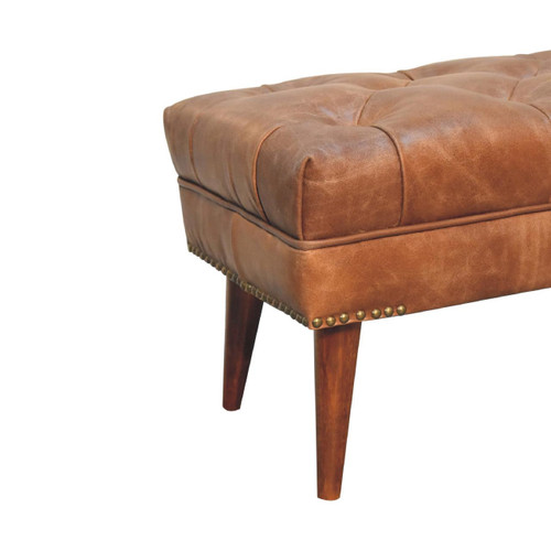 35" Brown Genuine Leather and Solid Wood Upholstered Storage Bench With Cabinet