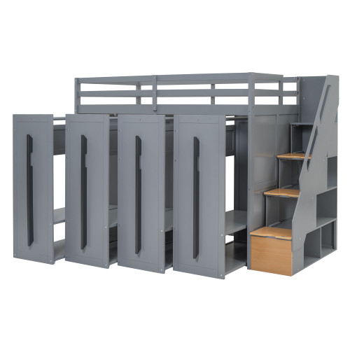 Gray Four Poster Wood Twin Loft Bed with Shelves