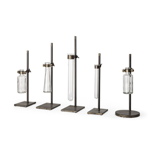 Set of Two Dark Brown Abstract Metal Cylinder Table Vases