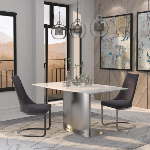 63" White And Silver Marble And Metal Pedestal Base Dining Table