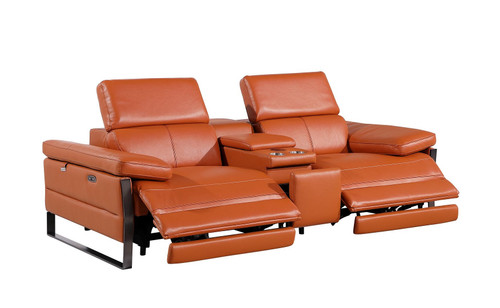 90" Orange and Black Italian Leather Power Reclining Loveseat With Storage
