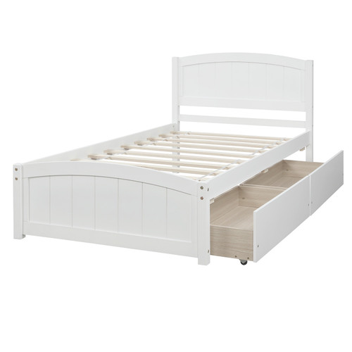 White Wood Twin Bed Frame With Drawers