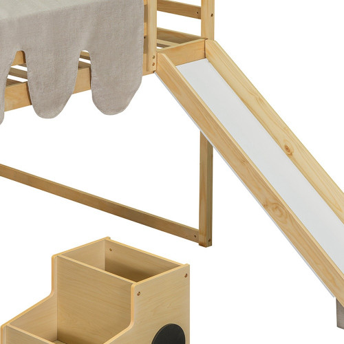 Natural Four Poster Wood Full Double Loft Bed with Slide and Shelves