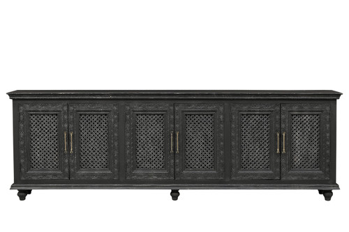 111" Black Distressed Solid Wood Carved Floral Sideboard With Six Doors