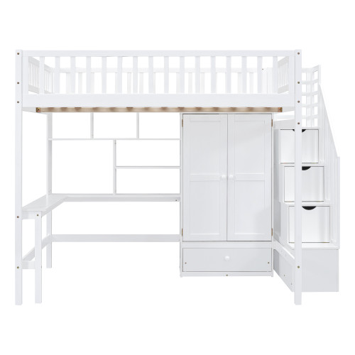 White Four Poster Wood Full Double Loft Bed with Desk and Shelves