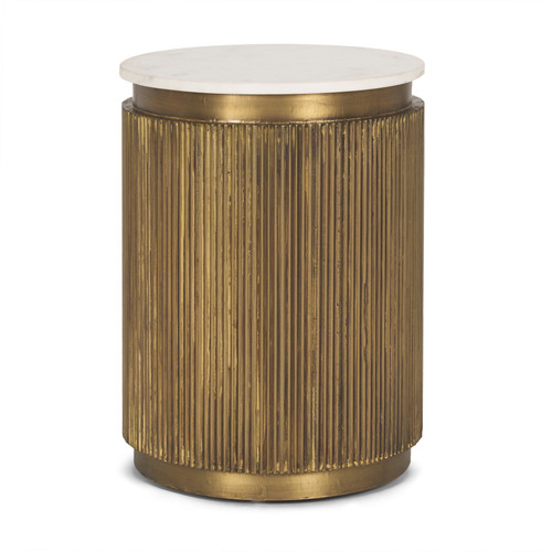 22" White and Gold Stone and Brass Round Block End Table