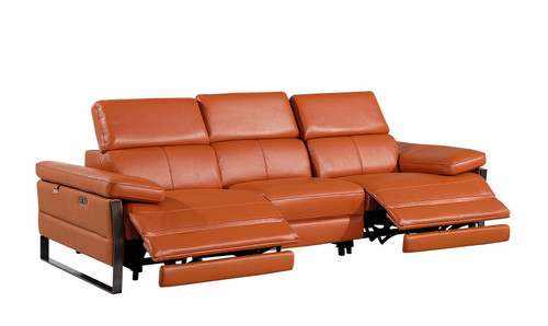 103" Camel Top Grain Leather Reclining Metal USB Sofa