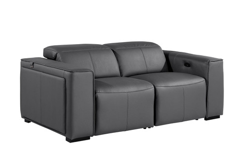 77" Dark Gray and Brown Italian Leather Power Reclining Loveseat With Storage