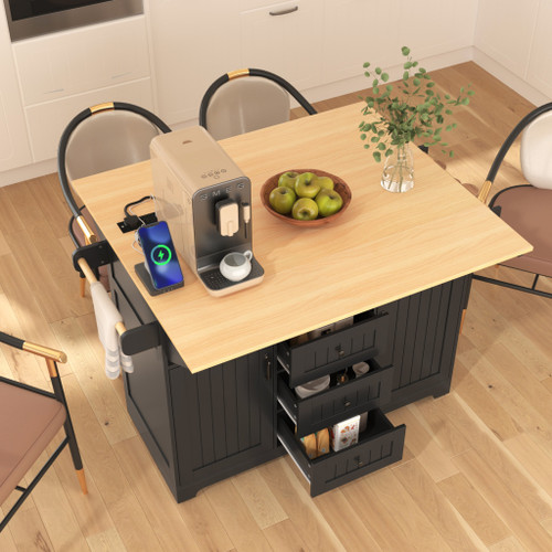 56" Black Wood Barn Door Rolling Kitchen Island With Storage With USB