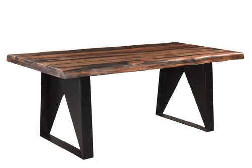 Seven Piece Dark Brown and Black Solid Wood Live Edge Dining Set with Six Chairs