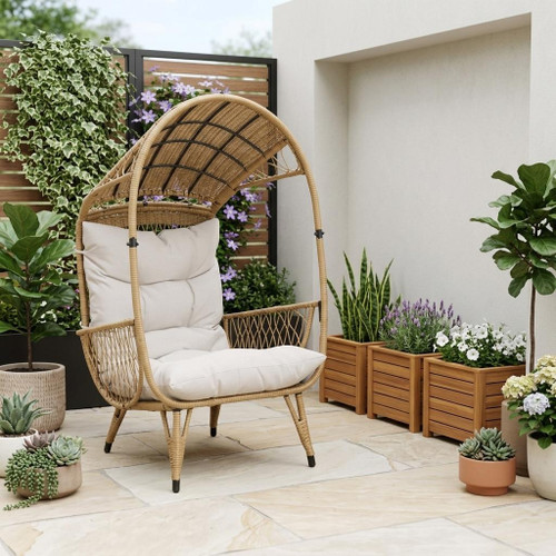 37" Beige Metal Outdoor Egg Chair with Beige Cushion