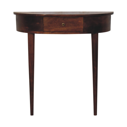32" Chestnut Solid Wood Half Moon Two Leg Leaning Wall Mount Console Table With Drawer