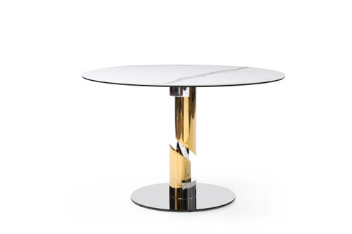 47" White Gold and Silver Ceramic and Stainless Steel Pedestal Base Round Top Dining Table