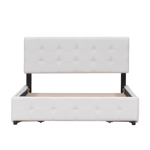 White Linen Upholstered Queen Bed Frame With Drawers