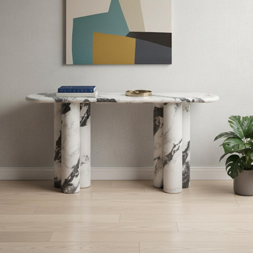 60" Black and White Genuine Marble Double Pedestal Console Table