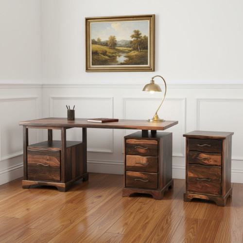 68" Dark Brown Solid Wood Writing Desk and Bookshelf Set With Four Drawers