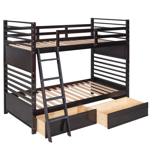 Espresso Twin Over Twin Solid Wood Bunk Bed With Storage