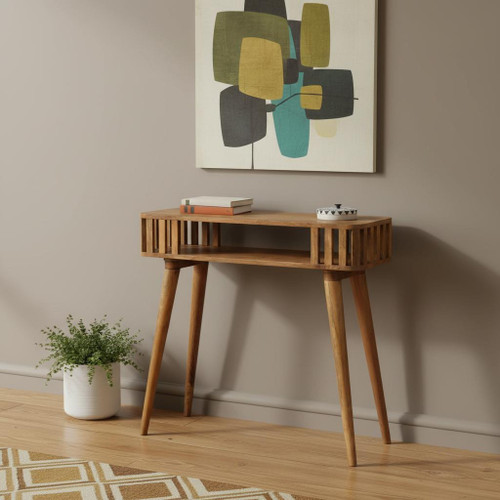 33" Oak Solid Wood Console Table With Shelf