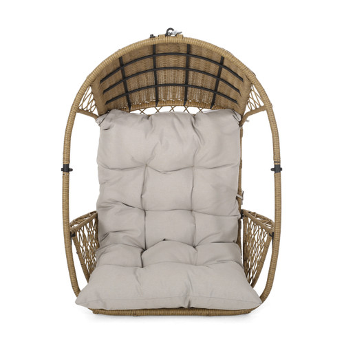 35" Beige Metal Outdoor Egg Chair with Gray Cushion