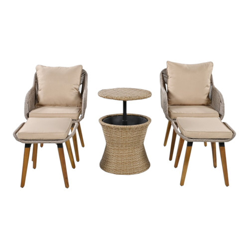 Five Piece Light Gray and Tan Wicker Upholstered Cushions Two Person Seating Group With Table